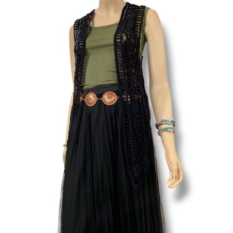 Boho Draped Cardigan Crochet Vest Black Open Front Open Stitch