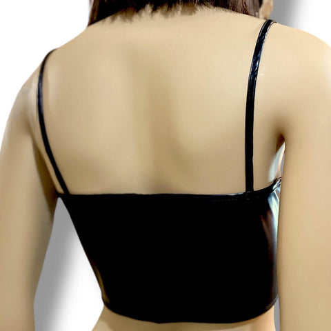 Black Faux Leather Crop Corset Top  hook-eye front closure and v-neckline, edgy  bustier style for year-round fashion back view