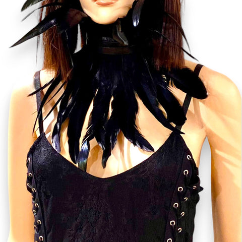 Gothic black feather body jewelry with adjustable faux leather straps