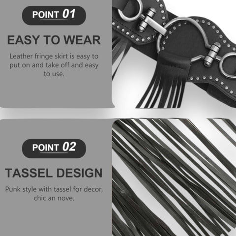 Black Faux Leather Fringe Belt gunmetal studs and double round buckle, elastic cinch back, women’s one size