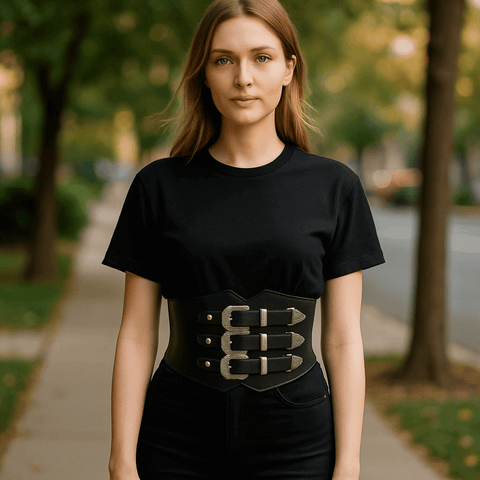 Triple buckle wide corset belt for women in faux leather with metal accents, available in black or brown, gothic punk boho western steampunk fashion belt