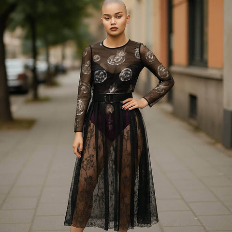 Black Floral Sheer Lace Midi Skirt eyelet trim, see-through a-line design, perfect gothic, boho, or festival cover-up