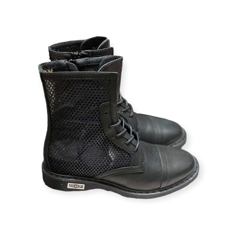Black Metallic Mesh Leather Ankle Boots
