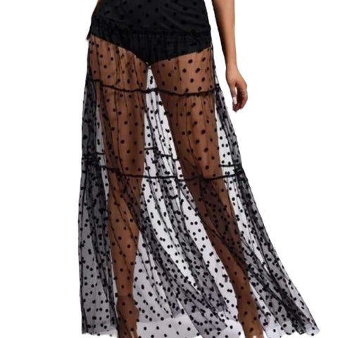High waist mesh polka dot maxi skirt see through with elastic waistband, shown in black or white, festival-ready A-line layering skirt