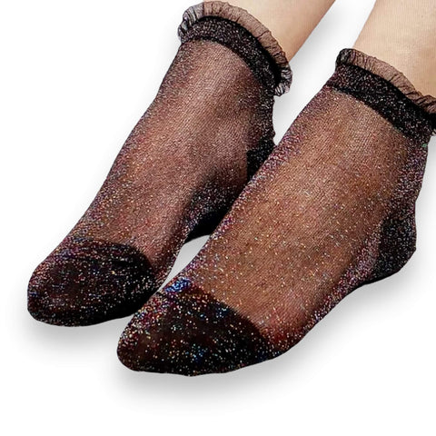 Black Nylon Red Glitter Ruffle Ankle Socks - Wild Time Fashion