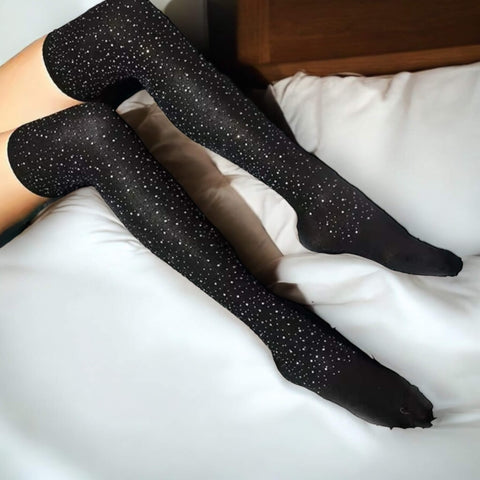 black sparkle over the knee socks with rhinestones, glittery thigh high legwear for festivals, rhinestone black hosiery, bold sparkle statement socks, tall stretchy party socks