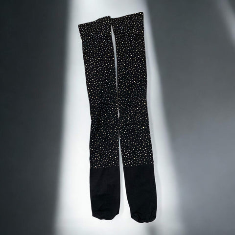 black sparkle over the knee socks with rhinestones, glittery thigh high legwear for festivals, rhinestone black hosiery, bold sparkle statement socks, tall stretchy party socks