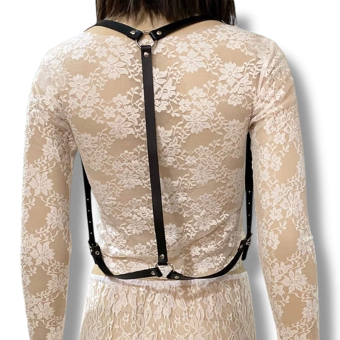 Black Suspender Chest Harness back side silver hardware adjustable fits most all