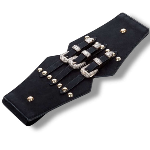 triple buckle wide corset belt with metal tips and elastic snap-back, black gold accented