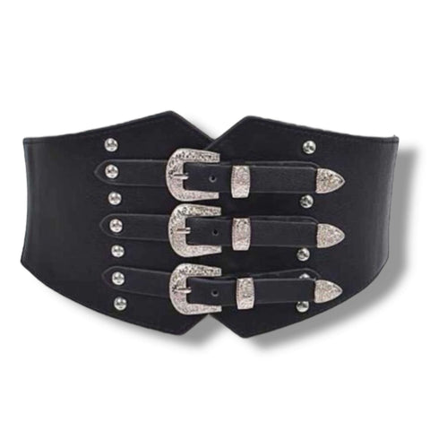 triple buckle wide corset belt with metal tips and elastic snap-back, black silver accented 
