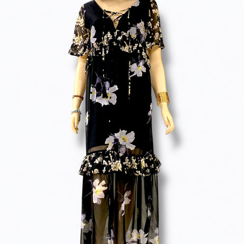 Black v-neck floral summer maxi dress with lace-up neckline, empire waist, and ruffle trim hem by Flying Tomato – boho chic fashion front view