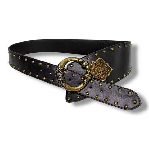 Women's Black Asymmetrical Belt flat lay on white background