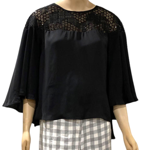 Women's Enchanting Black Embroidered Sequin Billowing Wide Sleeves Blouse - Large- Catherine Malandrino Collection