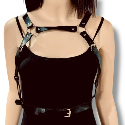 black chest strap body harness belt with adjustable buckles and silver o-rings gothic punk festival fashion women’s alternative harness