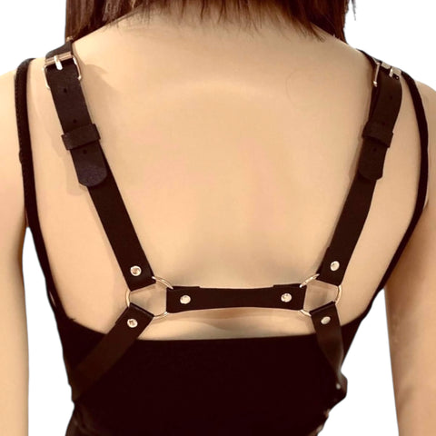 black chest strap body harness belt with adjustable buckles and silver o-rings gothic punk festival fashion women’s alternative harness