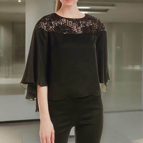 Black Enchanting Neckline Wide Sleeve Blouse