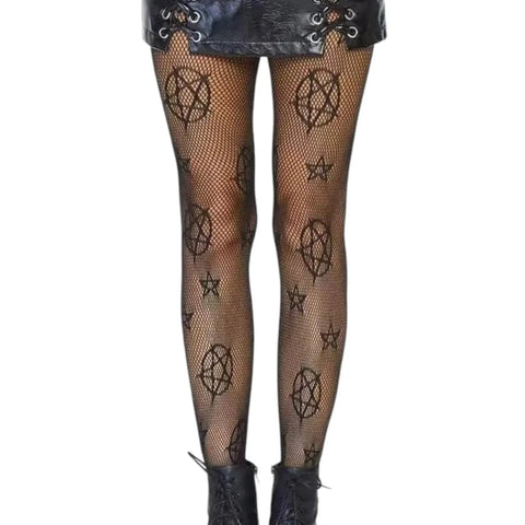 Black Demonic Star Fishnet Tights with occult mesh pattern and stretch fit for alternative outfits