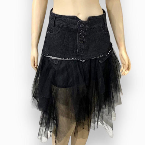 Black Denim Long Asymmetric Tulle Skirt- Wild Time Fashion