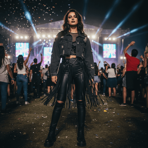 woman party with black dual sided black fringe belt adjustable waist gunmetal gray buckle