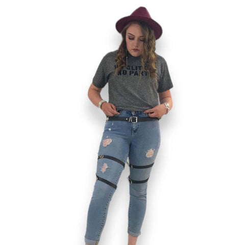 Black Dual Thigh Harness Belt silver adjustable waist and double leg garter body harness