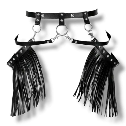 Black Draped Fringe Belt body harness belt with wide faux leather fringe panels, silver studs, adjustable waist, goth, punk, western fashion statement accessory