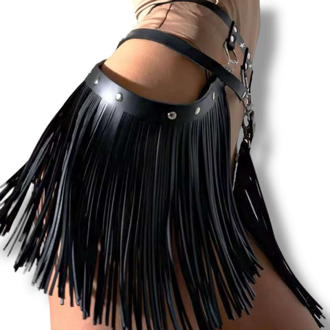 Black Draped Fringe Belt body harness belt with wide faux leather fringe panels, silver studs, adjustable waist, goth, punk, western fashion statement accessory