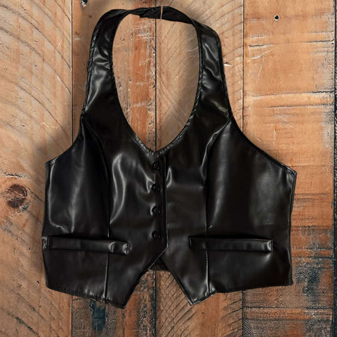 Black Faux Leather Button Up Cropped Halter Vest on wood floor background