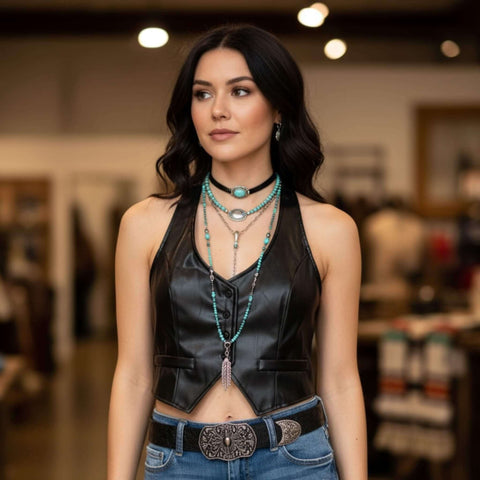 Woman wearing Black Faux Leather Button Up Cropped Halter Vest