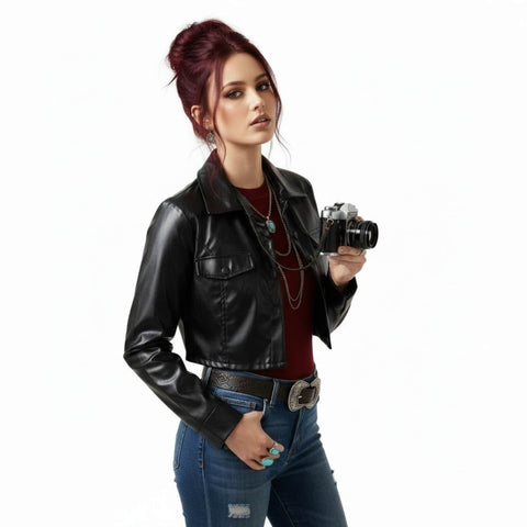 Black Faux Leather Cropped Jacket with button front and pointed collar side view