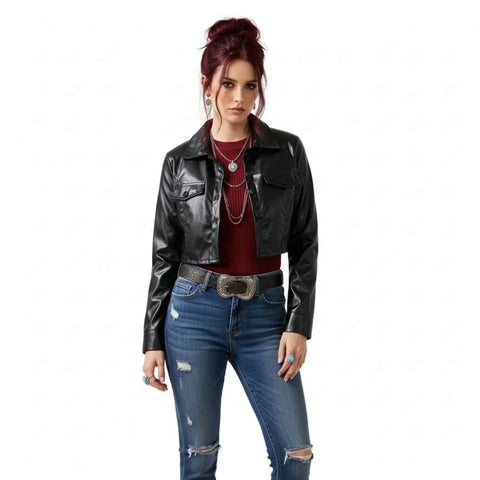 Black Faux Leather Cropped Jacket with button front and pointed collar front view