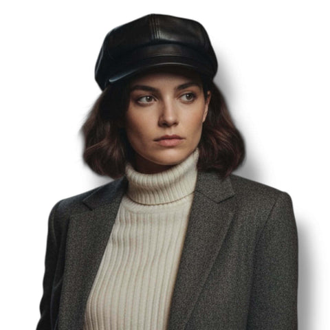 Faux Leather Retro Newsboy Cap streetwear style model wearing the floppy button top and curved brim hat.