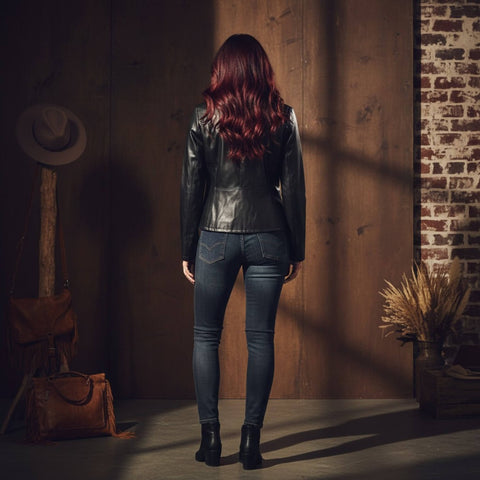 Black Faux Leather Stand Collar Jacket with zip front and princess seams back view