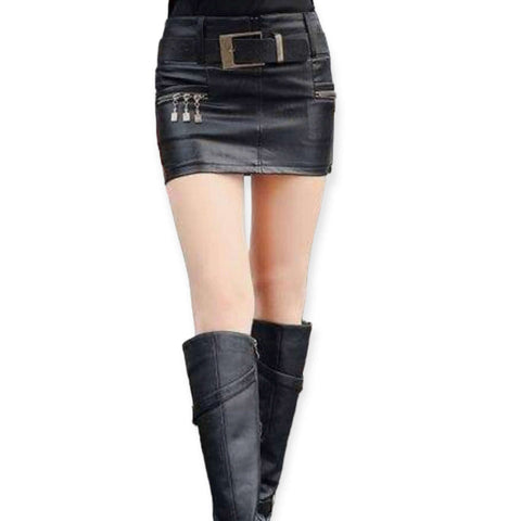 low waist faux leather micro mini skirt with gold hardware and multi side zippers pockets wide belt loops shorts lining in black or dark red