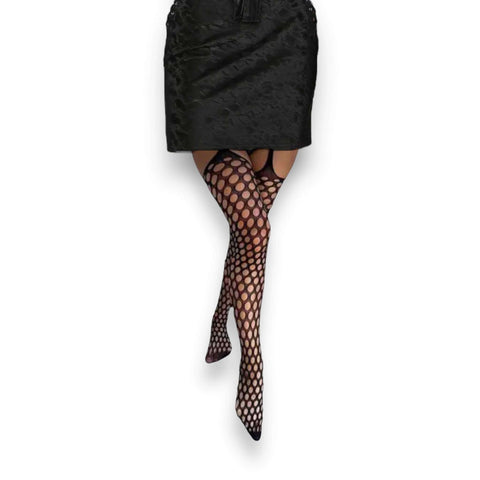 Black Round Hole Suspender Tights with thigh cut-outs and built-in garter fishnet for goth punk style