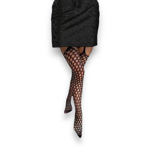Black Polka Dots Thigh High Cut-Out Waist Suspender Tights- Wild Time Fashion 