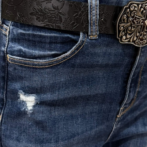 Western Goth Black Floral Cross Buckle Waist Belt in red and black – faux leather statement belt for cowgirl, punk, and gothic outfits