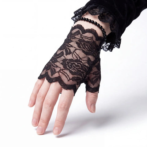 Victorian Black Floral Lace Wrist Gloves with fingerless thumbhole fit and gothic style one size