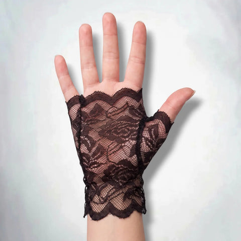 Victorian Black Floral Lace Wrist Gloves with fingerless thumbhole fit and gothic style one size