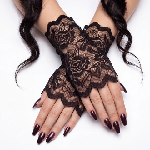 Victorian Black Floral Lace Wrist Gloves with fingerless thumbhole fit and gothic style one size