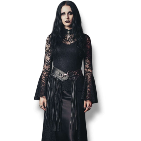 black fringe belt single sided wide  adjustable waist gunmetal gray buckle