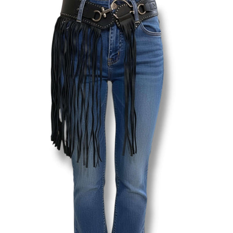 Black faux leather fringe belt gunmetal studs and double round buckle corset wide waist band single sided