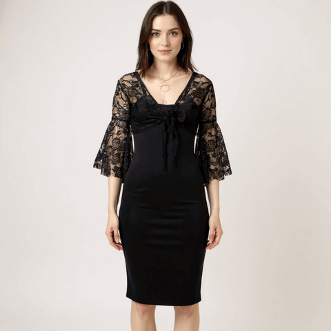 Woman wearing blackV Neck Front Tie Lace Bolero Cardigan