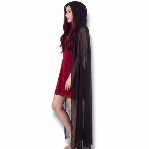Black Full Length Hooded Cape Cloak with deep hood and tie neckline red riding hood 