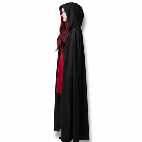 Black Full Length Hooded Cape Cloak with deep hood and tie neckline witch warlock one size