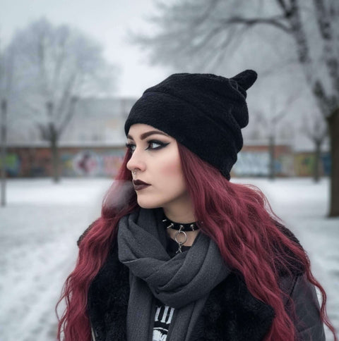 Black Plush Bunny Ear Winter Beanie short ears fleece line gothic, grunge to streetwear one size