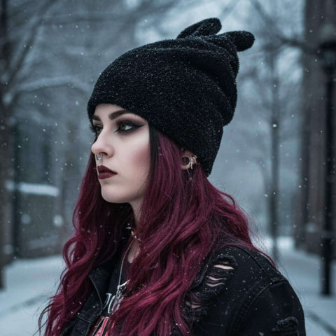 Black Plush Bunny Ear Winter Beanie short ears fleece line gothic, grunge to streetwear one size