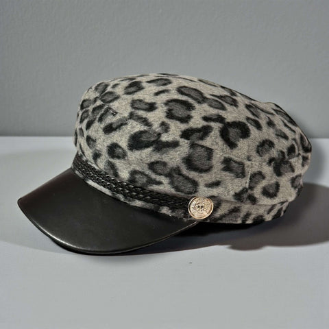 Cheetah Print Flat Top Military Cap Newsboy cap with braided band, Faux Leather curved stiff brim animal print adjustable one size