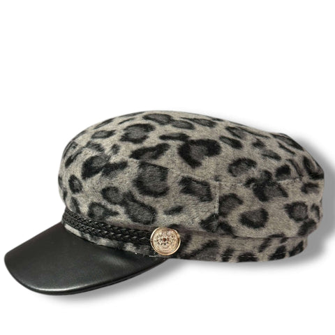 Cheetah Print Flat Top Military Cap Newsboy cap with braided band, Faux Leather curved stiff brim animal print adjustable one size