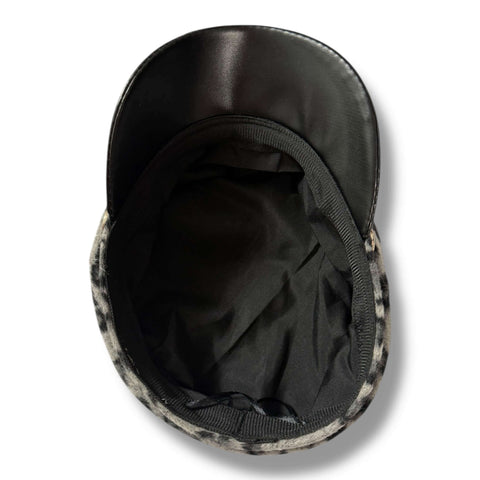 Cheetah Print Flat Top Military Cap Newsboy cap with braided band, Faux Leather curved stiff brim animal print adjustable one size