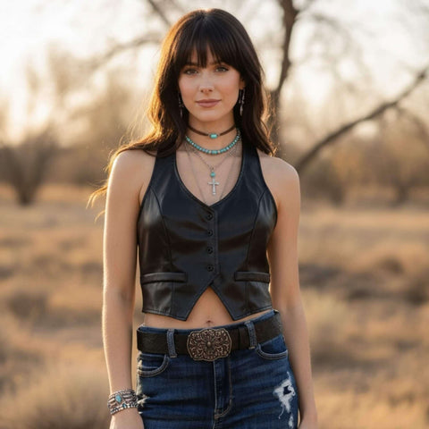 Woman wearing Black Faux Leather Button Up Cropped Halter Vest